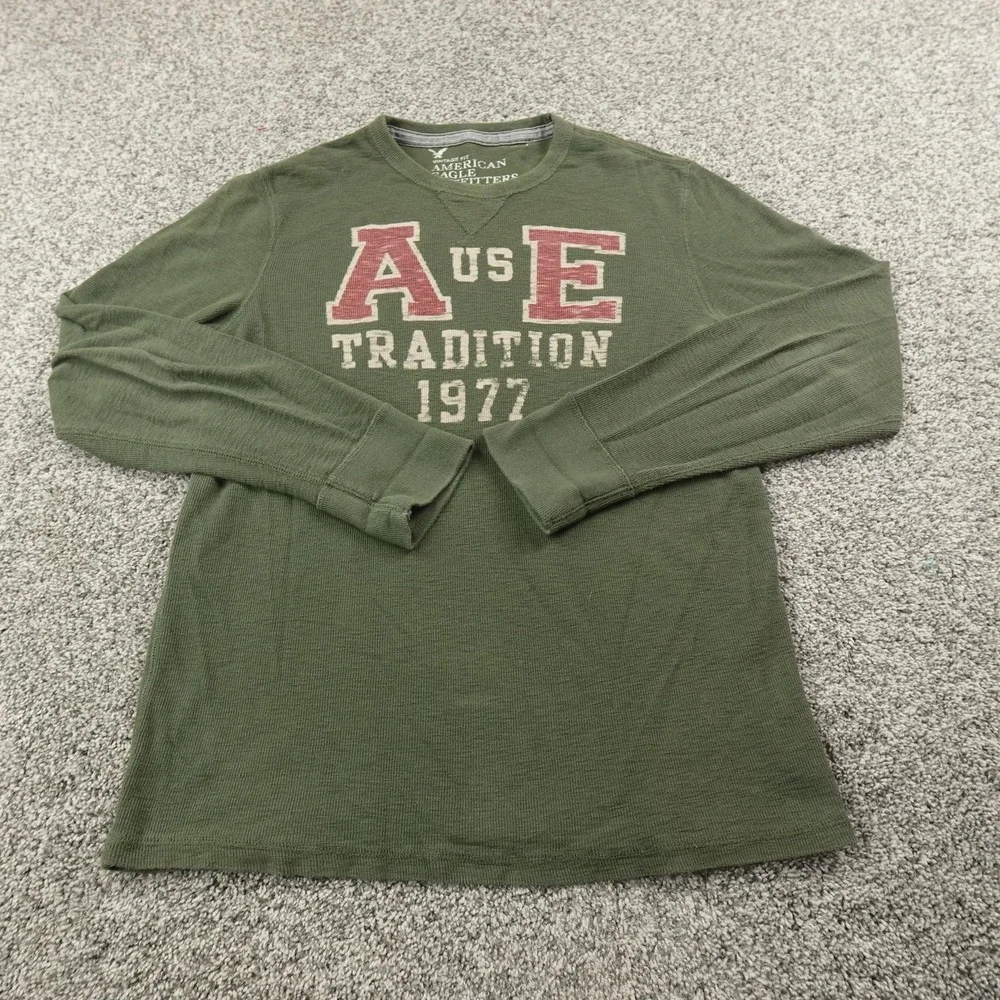 American Eagle‎ Shirt Mens L Green Waffle Knit Thermal Crewneck Logo Preppy Y2K